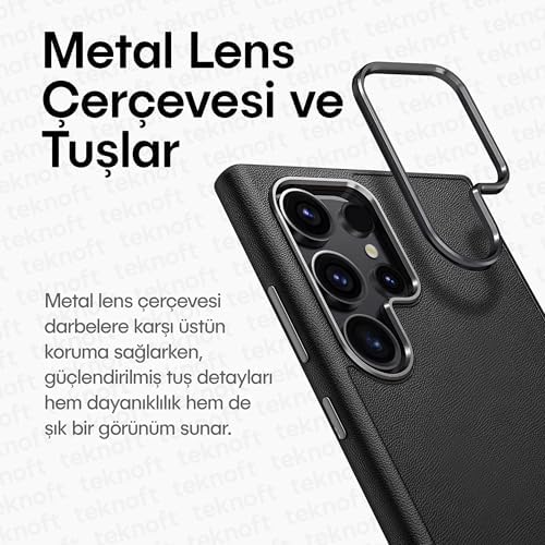 Galaxy S25 için Leth Shield Serisi Parmak İzi Tutmayan Deri Görünümlü Metal Tuşlu ve Metal Lens Çerçeveli Silikon Kılıf (Siyah, Galaxy S25) - Görsel 3