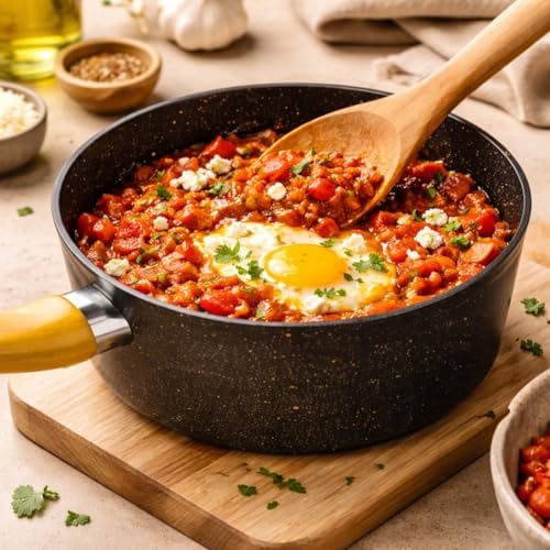 Granit Kaplamalı Yapışmaz Tava, Ahşap Saplı, Kompakt Tasarım, Siyah, Sos ve Yemek Pişirme için - Görsel 3