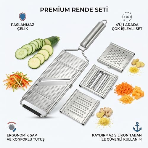 Alternative view of Premium Rende Seti, 4'ü 1 Arada, Paslanmaz Çelik, Ergonomik Sap, Kaydırmaz Silikon Taban, Dilimleyici ve Jülyen Bıçağı
