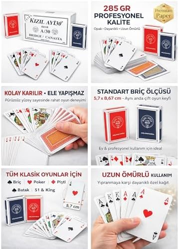 Star Briç Oyun Kağıdı Extra Kızıl Ay A/30 Artex – 2 Deste (Kırmızı & Mavi) Poker İskambil Kartı, 285 gr Opak Kağıt, Profesyonel Kullanım