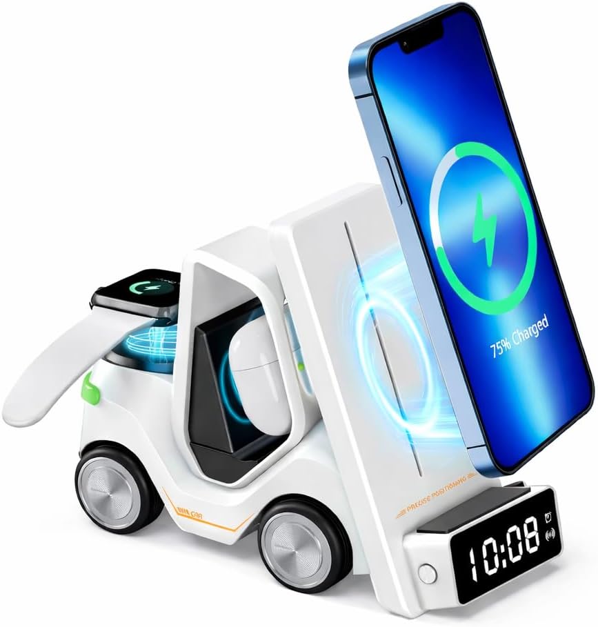 T20 15W 5’i 1 Arada Magsafe Kablosuz Şarj İstasyonu, Dijital Saatli Forklift Tasarım, iPhone 16/15/14/13/12, Apple Watch, AirPods Uyumlu Masaüstü Hızlı Şarj Standı (Beyaz) - Görsel 2