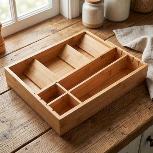 Ayarlanabilir Bambu Kaşıklık ve Çekmece İçi Organizer - 5-7 Bölmeli Genişleyebilir Çatal Bıçak Düzenleyici (39.4 x 24 x 6.4 cm) - Görsel 2