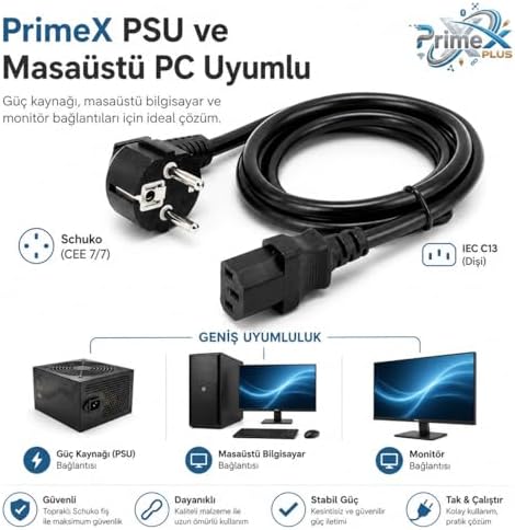 PX-P418 1.5 Metre Lüks Power Kablosu, 3x1.5mm Kalın Full Bakır PSU Güç Kablosu, PC Power Supply Monitör Mining Sistemleri İçin Siyah Enerji Kablosu - Görsel 2