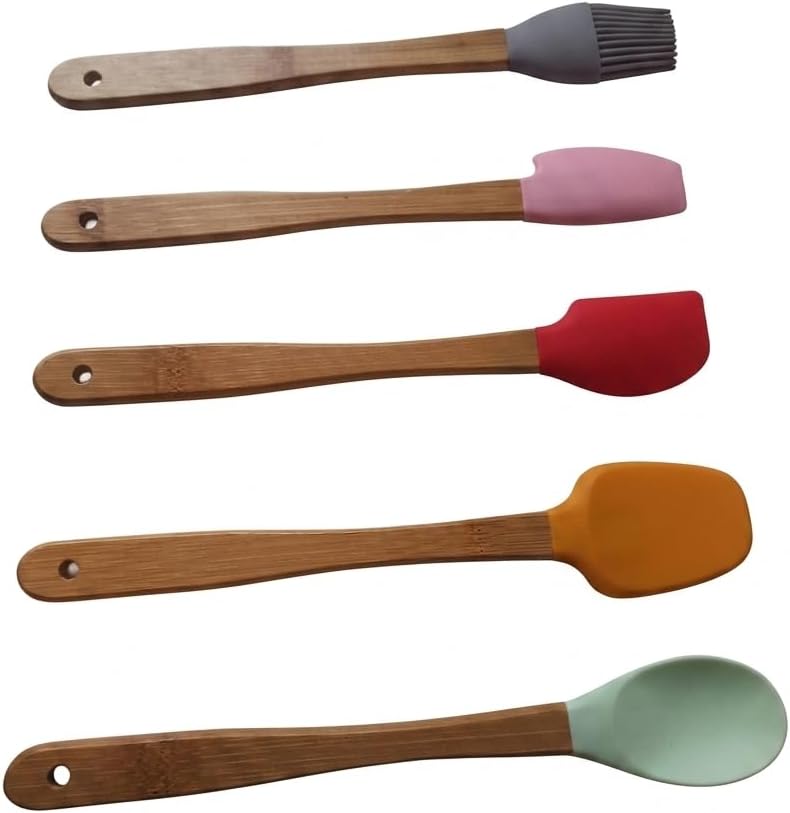 Silikon Mini Spatula Seti, 5’li Renkli Bambu Saplı – Isıya Dayanıklı Mutfak Spatulası ve Fırça | Yapışmaz Yüzeyler İçin | Kek, Pasta ve Yemek Yapımı
