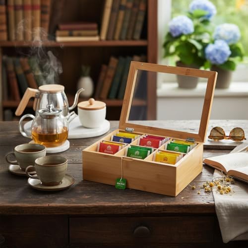 Bambu 6 Bölmeli Çay Kutusu -%100 Orjinal Bambu Mıknatıslı Kapak 21x16,5 x7cm - Görsel 3