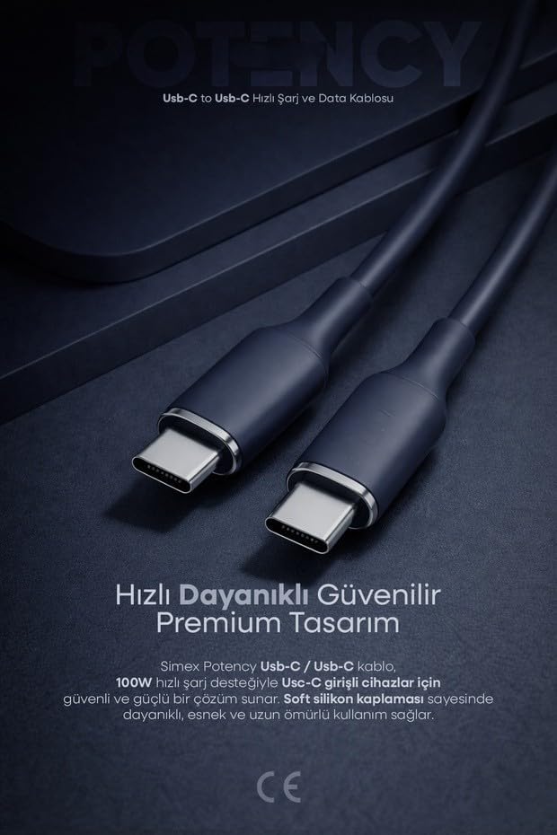 100W Potency Type-C to Type-C Isıya Dayanıklı Hızlı Şarj ve Data Kablosu 1.2m Siyah - Görsel 3