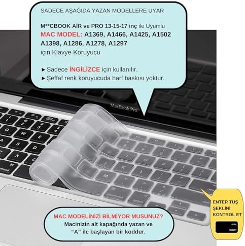 MacBook Klavye Koruyucu US ANSI – Air A1369 A1466 & Pro A1278 A1425 A1502 A1286 A1398 Uyumlu – Amerikan İngilizce Düz Enter – İnce Silikon Şeffaf