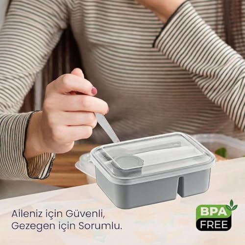 Alternative view of 3 Bölmeli Beslenme Kabı 920 ml Sosluklu Sızdırmaz Kapaklı BPA İçermez Çatal Kaşık Dahil Lunch Box Bölmeli Yemek Kabı (Gri)