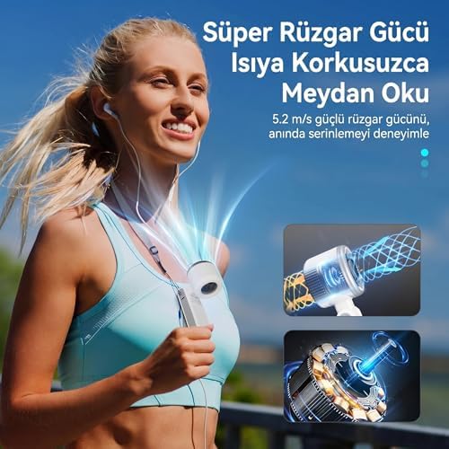Blic BWFN22 Turbo El Vantilatörü Mini Fan Vantilatör Katlanabilir 3’ü 1 Arada Taşınabilir Fan 5 Kademeli LED Ekranlı USB-C Şarjlı Mini Vantilatör Boyun Askılı Masaüstü Kullanım (Beyaz) - Görsel 3