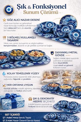 3’lü Nazar Boncuk Desenli Çerezlik ve Sosluk Seti,Metal Sunum Tepsili Mavi Desen Servis Kasesi Takımı, Atıştırmalık ve Kahvaltılık Sunum Seti - Görsel 3