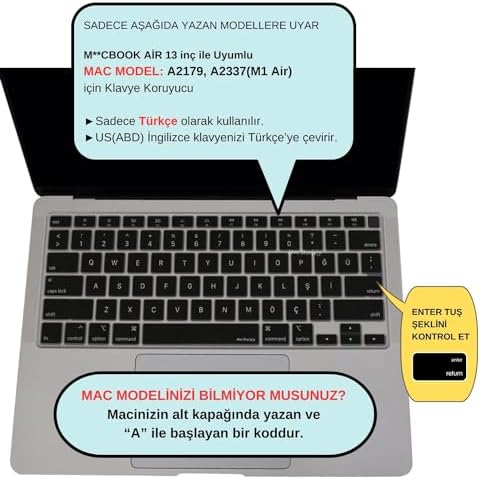 Alternative view of Türkçe Q Klavye Koruyucu MacBook Air 13 A2179 A2337 M1 Uyumlu | US ANSI Düz Enter | Ultra İnce Silikon Keyboard Cover Siyah