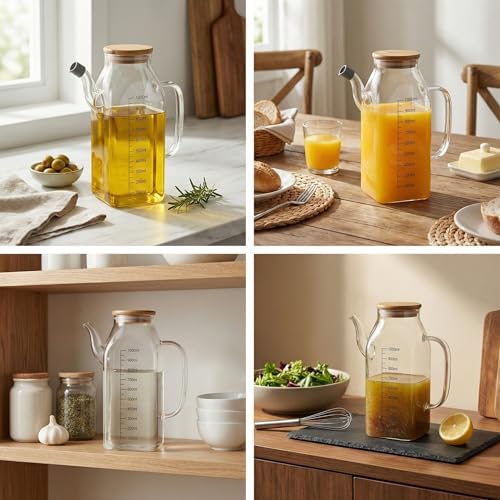 Alternative view of 1000ml Bambu Kapaklı Cam Yağlık ve Sirkelik – Dayanıklı ve Şeffaf Sıvı & Mutfak İçin Hassas Sıvı Ölçüm ve Saklama Çözümü 1000ml - Cam Sürahi Sıvı Ölçü Kabı