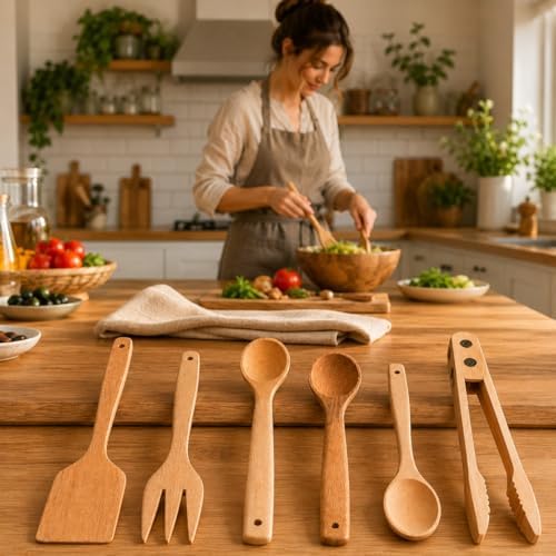 Doğal Şimşir Ağacından Ahşap Mutfak Seti, Spatula, Çatal, Kaşık ve Maşa, 6 Parça, Doğal Renk - Görsel 3