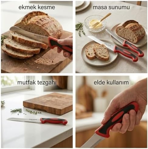 Ekmek Bıçağı, Paslanmaz Çelik, Kırmızı-Siyah Ergonomik Sap, 25 cm, Mutfak Kullanımı için - Görsel 3