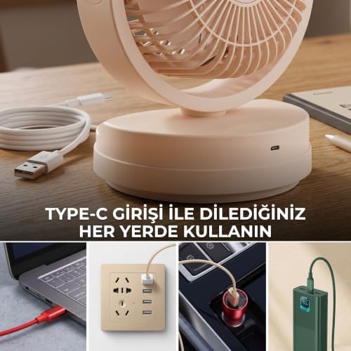 Airx USB Masaüstü Fan - 7 İnç Sessiz Mini Vantilatör, 90 Derece Ayarlanabilir Açılı 3 Kademeli Güçlü Hava Sirkülasyonlu Kablolu Masa Fanı (Krem)