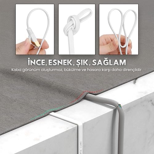 Alternative view of CAT7 Ethernet Kablosu (3 METRE) - 10Gbps’ye Kadar Veri Aktarımı - Fabrikasyon RJ45 Konnektörlü - Yassı Flat Tasarım - 600MHz - Beyaz