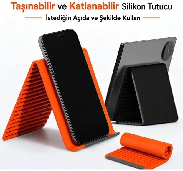 Katlanabilir Silikon Telefon Tablet Standı Ayarlanabilir Açılı Taşınabilir Bükülebilir Masaüstü Telefon Tutucu TURUNCU - Görsel 3