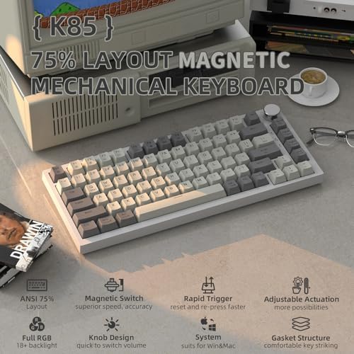 ATTACK SHARK K85 Mekanik Klavye – 75% Kompakt Tasarım, Manyetik Anahtarlar, Ayarlanabilir Tepki Süresi, RGB Işık, Döner Kontrol Tuşu, DKS/MT/TGL Destekli, PC/Mac Uyumlu - Grey - Görsel 3