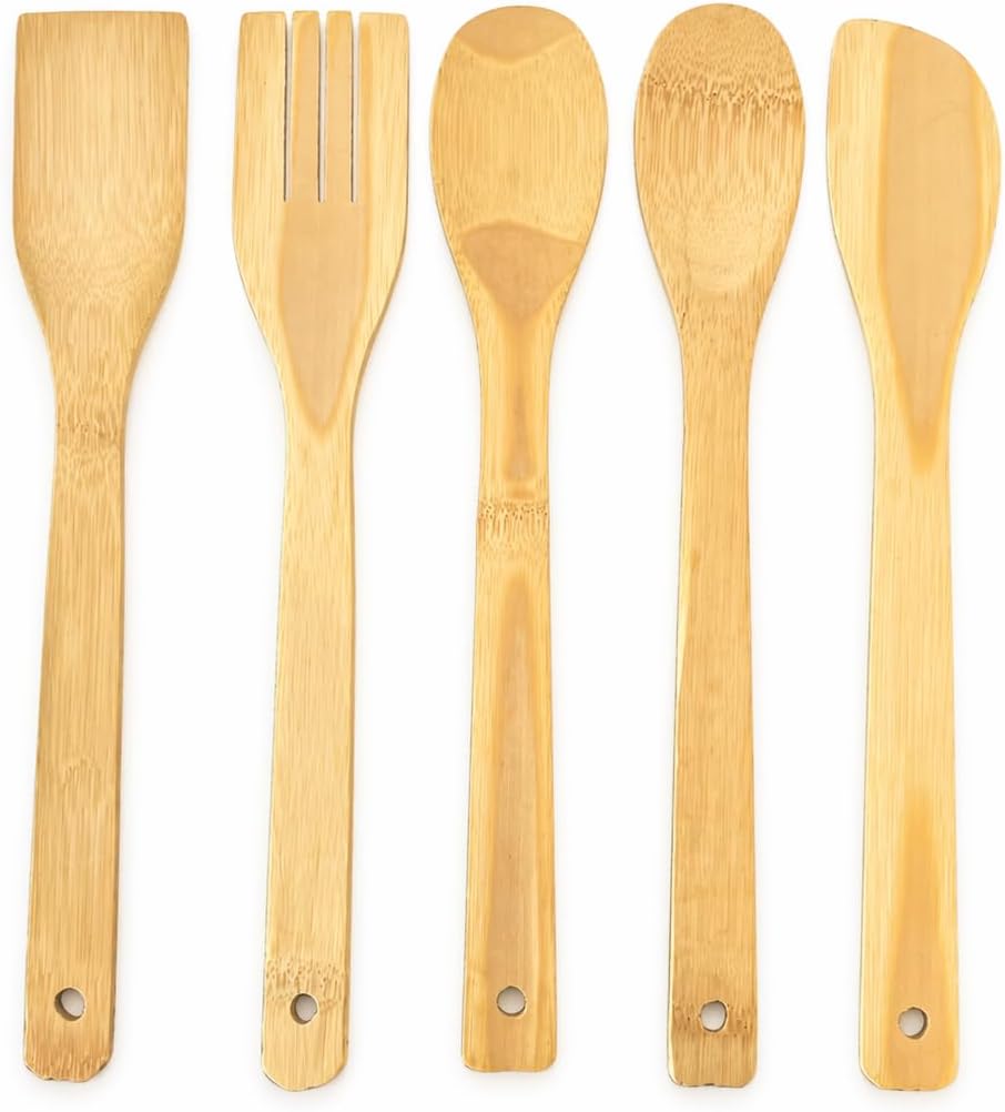 5 Parça Bambu Mutfak Kaşık Seti –%100 Doğal, Çizilmeye Karşı Korumalı, Isıya Dayanıklı, Hafif, Ergonomik, Tencere ve Tavalar ile Uyumlu, Sağlıklı ve Çevre Dostu Premium Set