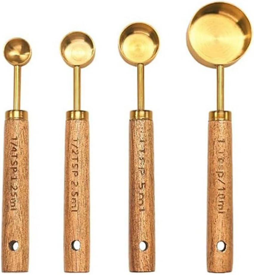 4 Parça Bambu Saplı Ölçü Kaşığı Seti, Gold Renk, Paslanmaz Çelik - Görsel 3