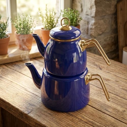 İçten Kaplamalı Emaye Çaydanlık Takımı - Gold Detaylı Nostaljik Alt Üst Çay Seti (1.2 Litre + 2 Litre) - 3 Renk Seçeneği (MAVİ) - Görsel 3