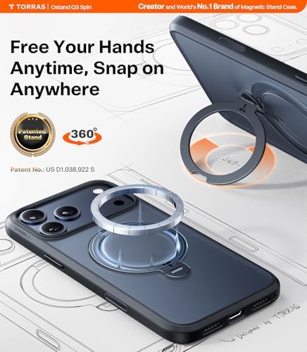 TORRAS Q3 360 Spin iPhone 17 Pro Kılıf Manyetik Stand, Magsafe ile Uyumlu, Askeri Sınıf Koruma, Kamera Kontrolü, Dahili Kickstand 17 Pro Telefon Kılıfı 6,3 inç, Siyah - Görsel 2