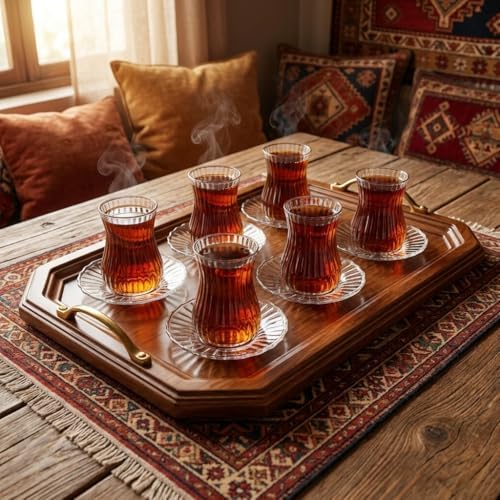 12 Parça Çay Seti - 6 Adet Fitil Desenli Cam Çay Bardağı ve 6 Adet Cam Çay Tabağı - Isıya Dayanıklı Çay Takımı - Görsel 3