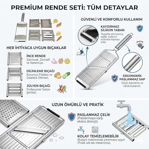 Premium Rende Seti, 4'ü 1 Arada, Paslanmaz Çelik, Ergonomik Sap, Kaydırmaz Silikon Taban, Dilimleyici ve Jülyen Bıçağı - Görsel 3