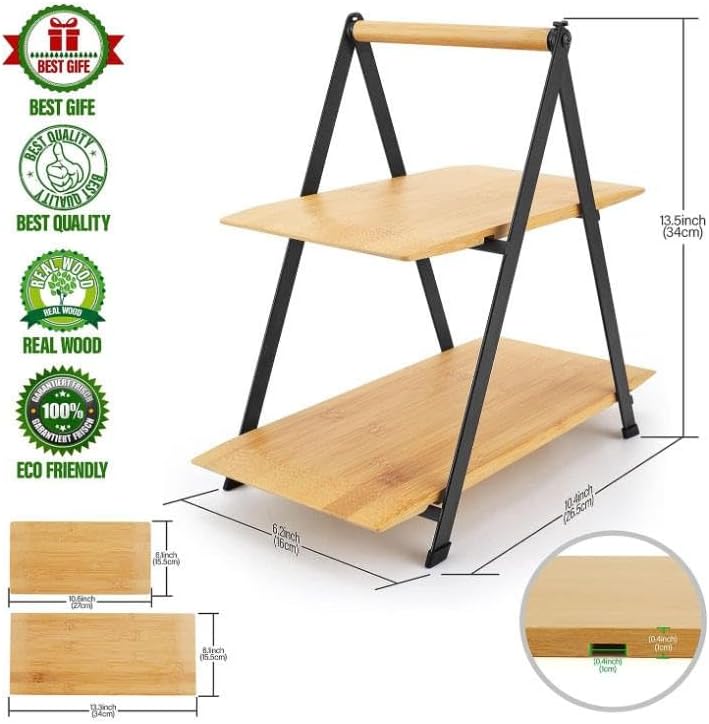 2 Katlı Dikdörtgen Bambu Servis Sunum Seti Büyük Boy, Kuru Pasta, Kurabiye ve Kek Sunumları İçin Büyük Boy (34cm-26.5cm-16cm)