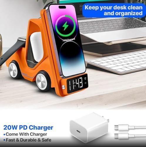 Alternative view of T20 15W 5’i 1 Arada Magsafe Kablosuz Şarj İstasyonu, Dijital Saatli Forklift Tasarım, iPhone 16/15/14/13/12, Apple Watch, AirPods Uyumlu Masaüstü Hızlı Şarj Standı (Turuncu)