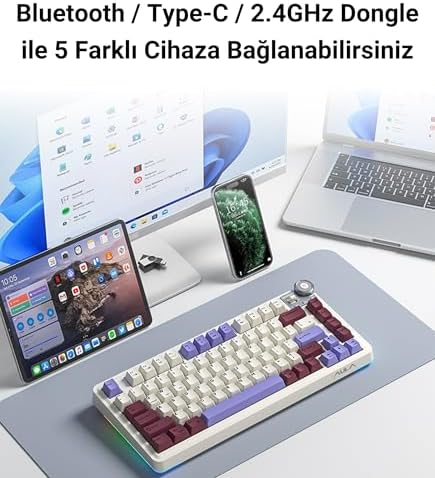 Alternative view of Aula AU75 3 Modlu RGB Hot Swap Mekanik TKL Seiya Switch Kablosuz Makrolu Klavye Bej