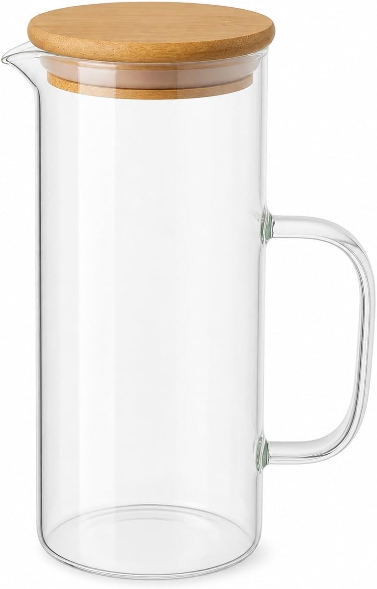 Cam Sürahi 1,5 Litre Bambu Kapaklı, Borosilikat Cam Sürahi, Limonata Sürahisi, Soğuk Çay ve Meyve Suyu Sürahisi, Şeffaf Cam İçecek Sürahisi, Damlatmaz Ağız Tasarımı, Ergonomik Kulplu - Görsel 2