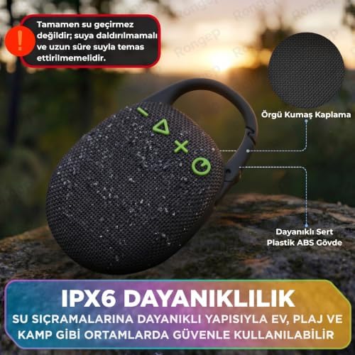 [Travel-Sound] Taşınabilir Bluetooth Hoparlör V5.3 Önü Kumaş Kaplı TFT/AUX/USB Destekli RGB Işıklı IPX6 Su Sıçramalarına Dayanıklı Type-C Şarjlı Kablosuz Speaker (Siyah)