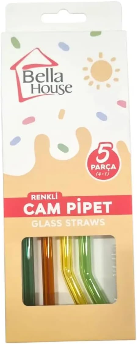 Bella Hause Renkli Cam Pipet Seti (5 Parça) | Temizleme Fırçalı Isıya Dayanıklı Borosilikat Cam Pipet, Soğuk Kahve, Smoothie ve Kokteyl İçin Yeniden Kullanılabilir Şık Pipet Seti - Görsel 3