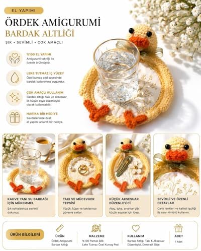 Sarı Ördek Amigurumi El Örgüsü Bardak Altlığı - Çok Amaçlı Dekoratif Takı ve Anahtar Tabağı - El Yapımı Örgü Figürlü Coaster - Görsel 3