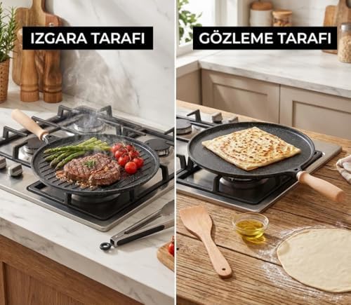 34 Cm Granit Döküm Çift Taraflı Gözleme ve Izgara Tavası Bazlama Tavası Çıkarılabilir Saplı Fırın Tepsisi Olarak Kullanılabilir - Görsel 3
