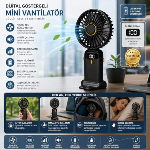 Alternative view of Dijital Göstergeli Mini Vantilatör, Şarjlı Masaüstü Vantilatör, Taşınabilir 12000 Rpm El Fanı, Ergonoik Tasarım, Kademeli ve Sessiz Çalışma, Soğutucu Mini El Fanı, El Tipi ve Masaüstü Kullanım