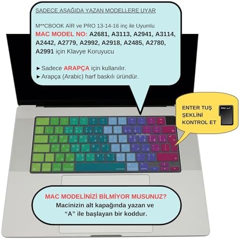 Alternative view of MacBook Arapça Klavye Koruyucu UK Ters L Enter M1-M5 | A2681 A3113 A3240 A3449 A2941 A3241 A2442 A2779 A2992 A2485 A2991 | Arabic Keyboard Cover Pembe Yeşil