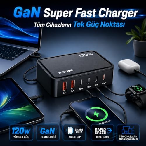 120W GaN Şarj İstasyonu 5 Portlu Hızlı Şarj Adaptörü PD30W QC18W Smart Chip Teknolojili USB-A USB-C Çoklu Şarj Cihazı Masaüstü Hızlı Şarj Ünitesi | XK-HC205 (Siyah)