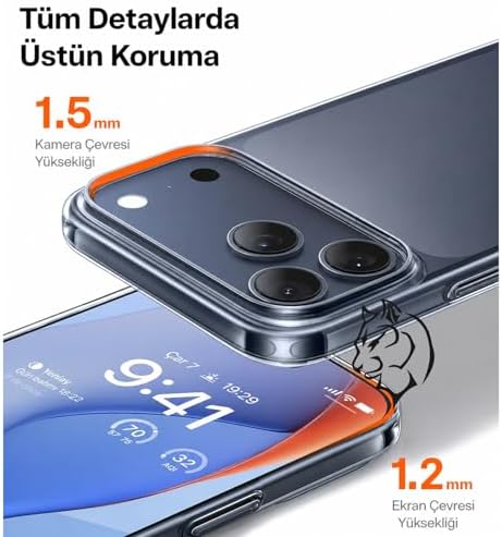 Şeffaf Kılıf, iPhone 16 Pro Max ile Uyumlu, Darbelere Dayanıklı Sert PC Arka Yüzey, Kaymaz Tutuş, Kamera Korumalı, İnce ve Hafif Tasarım, Sararma Karşıtı (Şeffaf)