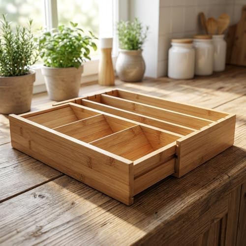 Ayarlanabilir Bambu Kaşıklık ve Çekmece İçi Organizer - 5-7 Bölmeli Genişleyebilir Çatal Bıçak Düzenleyici (39.4 x 24 x 6.4 cm) - Görsel 3