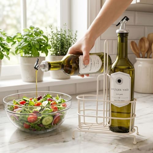 750 ml 2’li Yağdanlık Seti ve Beyaz Metal Stand, Zeytinyağı Ayçiçek Yağı Şişesi, Sızdırmaz Kapaklı Cam Yağlık Sirkelik, Dökme Başlıklı Mutfak Yağlık Sosluk Takımı - Görsel 3