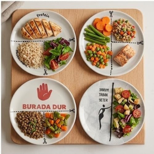 4'lü Seramik Tabak Seti, Porsiyon Kontrol Tasarımlı, Protein ve Sebze Bölmeli, Diyet Dostu