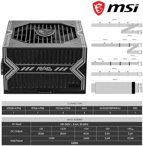 Alternative view of MSI MAG A550BNL 550W 80 Plus Bronze 120mm Fan Power Supply