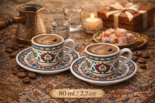 Renkli Desenli Porselen Türk Kahvesi Fincan Takımı, 2’li Set, Geleneksel Kahve Kültürünü Yansıtan Şık Fincan ve Tabak, Ev ve Ofis Kullanımına Uygun, 80 ml - Görsel 3