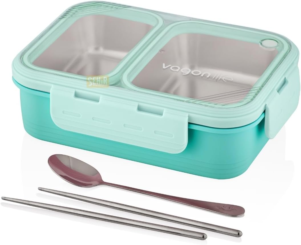 700ml Lunchbox Tek Katlı 2 Bölmeli Çelik Sefer Tası Yemek Kutusu (Turkuaz) - Görsel 3