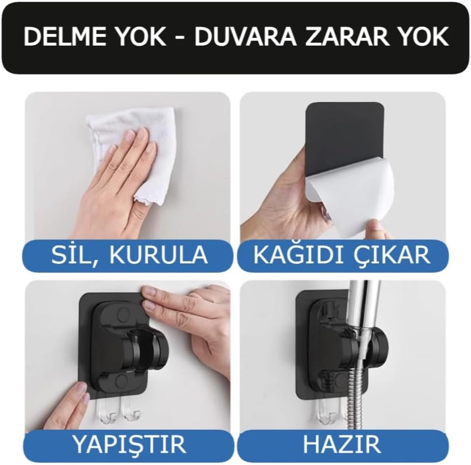 4'lü Duş Seti, Siyah 6 Fonksiyonlu Filtreli Duş Başlığı, Beyaz-Krom, 3 Yedek Filtre, 150 cm Hortum, Yapışkanlı Askı (Siyah Set)