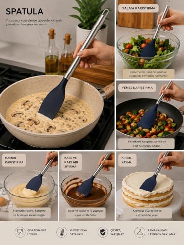 Silikon Servis Spatulası Paslanmaz Çelik Saplı Yapışmaz Tava Uyumlu TURNERB | Palu silikon spatula, günlük mutfak kullanımında pratiklik sağlayan ergonomik ve modern tasarımıyla öne çıkar. - Görsel 2