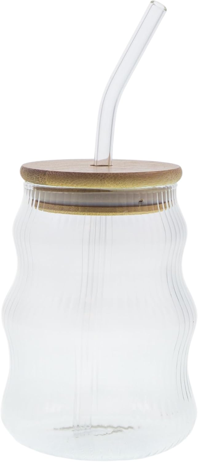 Alternative view of 500ml Bambu Kapaklı Cam Bardak, Cam Pipetli Silikon Kapak Contalı İnce Çizgi Desenli Sıcak Soğuk İçecekler için Kahve Meyve Suları ve Çayları için Ergonomik Şık Tasarım