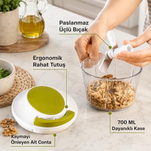 Alternative view of Paslanmaz 3 Bıçaklı İpli Rondo, Sebze Meyve Kuruyemiş İçin Taşınabilir Manuel Çekmeli Doğrayıcı, Hızlı Pratik ve Ergonomik, Plastik, 700 ml (Yeşil)